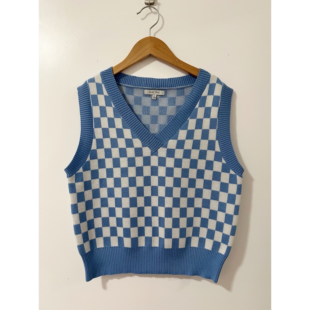 Love Tree Checkered Pattern Blue/White Vest Size Small Preppy College